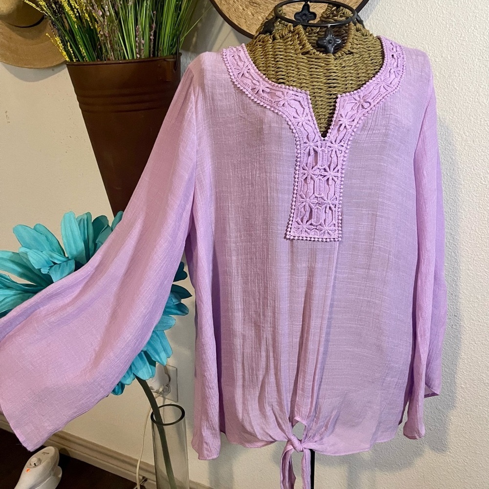 Zac & Rachel Blouse Purple with Bell Sleeves, and embroidered Bodice Siz…